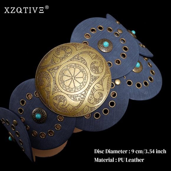 Woman's Western PU Leather Belts Concho Disc Wide Waist Belt Denim Bronze Buckle - Picture 2 of 6